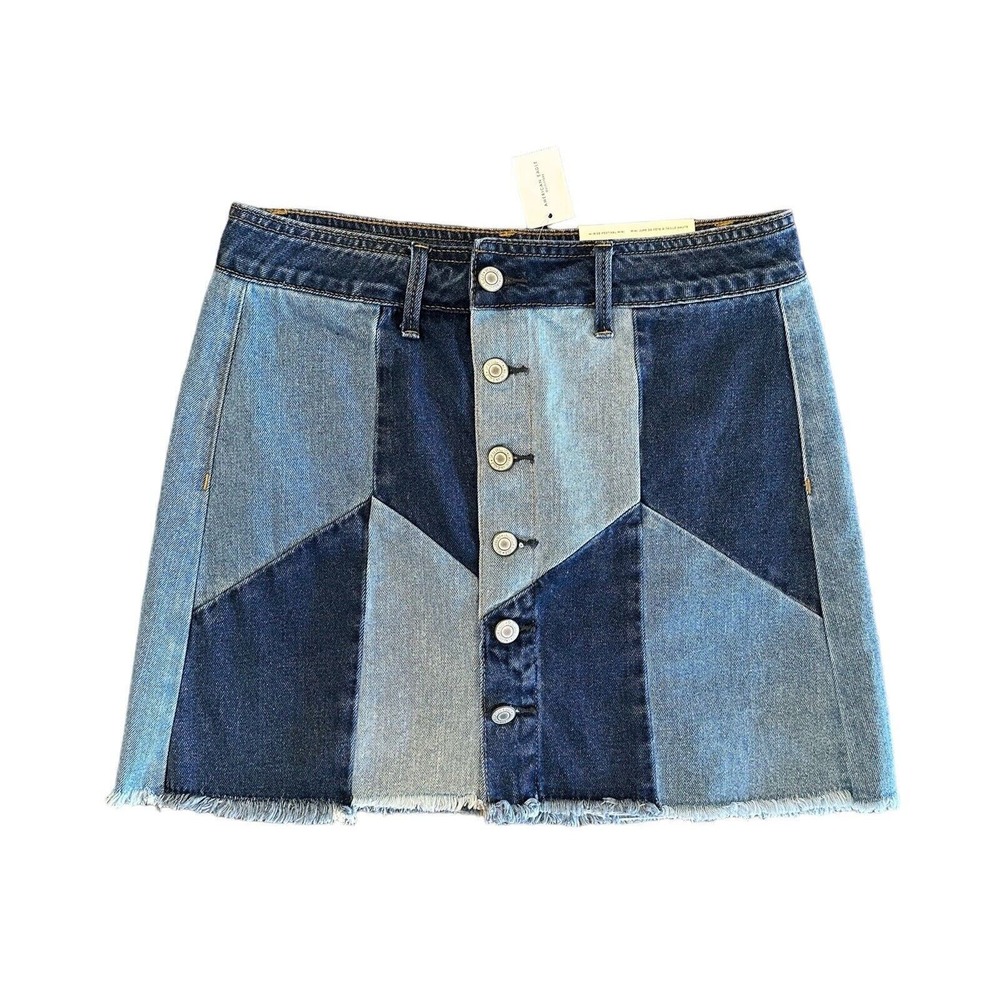 NWT AEO American Eagle Hi-Rise Festival Mini Denim Patchwork Jean Skirt Size 4 - Picture 2 of 12